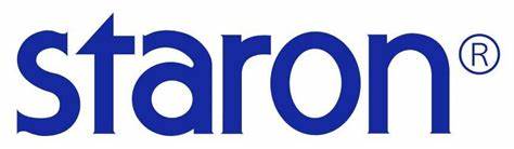Logo of staron, featuring the word "staron" in bold blue letters with a registered trademark symbol on the top right.